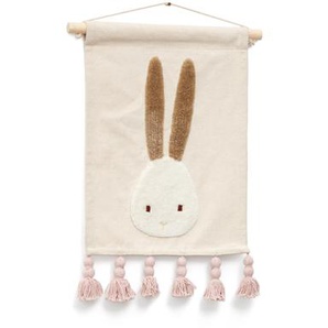Kave Home - Yanil Wandteppich Baumwolle weiss mit Hase und rosa Quasten 40 x 30 cm