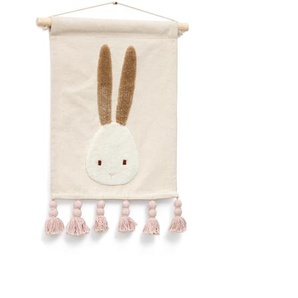 Kave Home - Yanil Wandteppich Baumwolle weiß mit Hase und rosa Quasten 40 x 30 cm