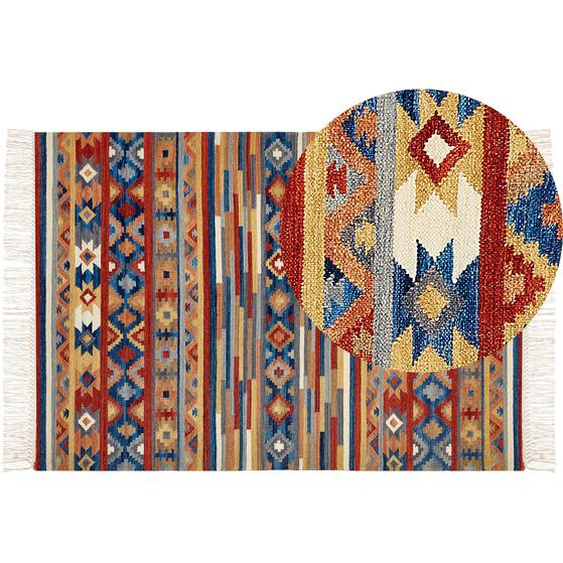 Kelim-Teppich Mehrfarbig Wolle 160 x 2300 cm mit Fransen Geometrischem Muster Handgewebt Boho Orientteppich für Fußbodenheizung Geeignet