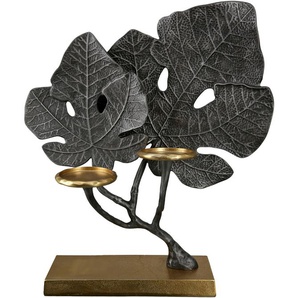 Kerzenleuchter GILDE Leaf Kerzenhalter Gr. B/H/T: 40,00 cm x 47,00 cm x 10,50 cm, grau (anthrazitfarben, goldfarben) Kerzenhalter aus Aluminium, 2-flammig