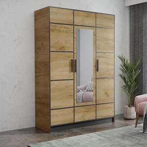 KIER FURNITURE Dreitüriger Kleiderschrank Roj3D - 156,4x205x39 cm Eiche Craft Gold
