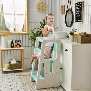 Kinder-Küchenhocker mit Doppelten Sicherheitshandläufen & 3 Verstellbaren Höhen & Rutschfesten Füßen Grün