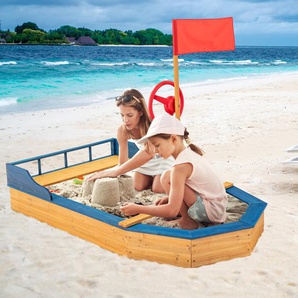 Kinder-Sandkasten Holz-Sandkasten in Piratenschiff-Optik mit Sitzbank und Flagge Holz-Piratenschiff Outdoor 171 x 100 x 130 cm