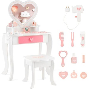 Kinder Schminktisch Set, 2-in-1-Frisiertisch mit herzförmigem Spiegel, Hocker, Schublade & Zubehör, Kosmetiktisch Schminkkommode für Kinder ab 3