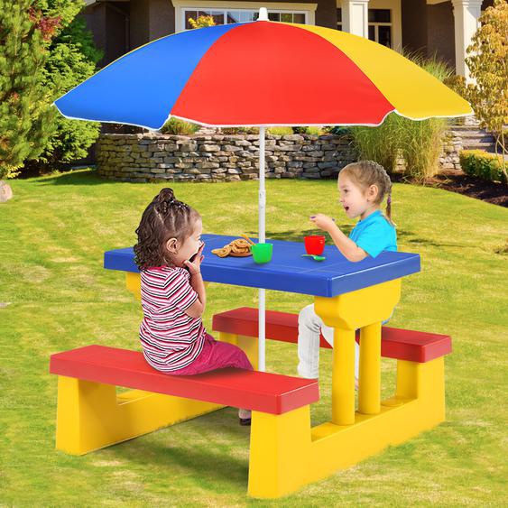 Kinder Sitzgruppe Kindertisch Picknickbank mit Sonnenschirm