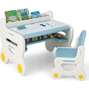 Kinder Sitzgruppe mit höhen- und neigungsverstellbarer Tischplatte, Kinder Tisch mit Hocker, zum Zeichen, Lernen, Spielen und Essen, für Kinder ab 3