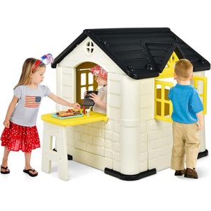 Kinder Spielhaus für bis zu 6 mit Pickniktisch, Türen & Fenstern, Outdoor inkl. Spielzeugset und Regenschutzhülle, 164 x 124 x 132 cm Gelb - Costway