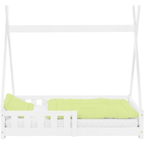 Kinderbett Tipi 70x140 cm Weiß mit Rausfallschutz und Lattenrost, aus Kiefernholz, Indianer Bett aus Massivholz für Mädchen & Jungen, Hausbett mit