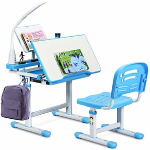 Kinderschreibtisch mit Stuhl & Lampe, höhenverstellbar, neigungsverstellbar, mit Schublade, Schuelerschreibtisch Blau - Costway