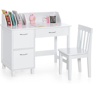 Kinderschreibtisch Set mit Stuhl, Schublade und Aufbewahrungsschrank, Kindersitzgruppe Holz, Schülerschreibtisch Set Weiss - Costway