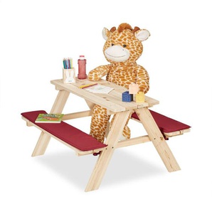 Kindersitzgruppe Garten, Picknickbank, Kinder, hbt: 50x89x79 cm, Auflagen, Kindersitzgarnitur, Holz, natur/rot - Relaxdays