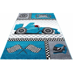 Kinderteppich AYYILDIZ TEPPICHE Kids 460 Teppiche Gr. B/L: 160 cm x 230 cm, 12 mm, 1 St., blau Kinder Spielteppich Teppich Webteppich Kinderzimmerteppiche Teppiche Kurzflor, Motiv Rennwagen
