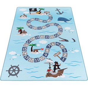 Kinderteppich AYYILDIZ TEPPICHE PLAY 2908 Teppiche Gr. B/L: 140 cm x 200 cm, 6 mm, 1 St., blau Kinder Kinderzimmerteppiche robuster Kurzflor,Pirat, Zahlen Spiele Teppich,Kinderzimmer