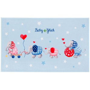 Kinderteppich Baby Glück , Blau, Weiß, Hellblau , Textil , Elefant , rechteckig , 100 cm , Oeko-Tex® Standard 100 , für Fußbodenheizung geeignet, rutschfest , Teppiche & Böden, Teppiche, Kinderteppiche