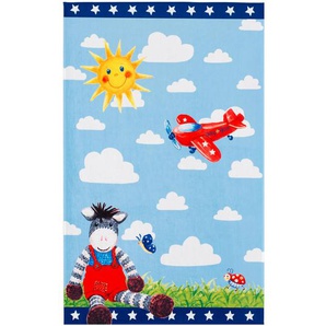 Kinderteppich Baby Glück , Blau, Weiß, Hellblau , Textil , Esel , rechteckig , 100 cm , Oeko-Tex® Standard 100 , für Fußbodenheizung geeignet, rutschfest , Teppiche & Böden, Teppiche, Kinderteppiche