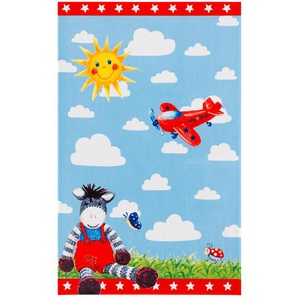 Kinderteppich Baby Glück , Blau, Weiß, Hellblau , Textil , Esel , rechteckig , 140 cm , Oeko-Tex® Standard 100 , für Fußbodenheizung geeignet, rutschfest , Teppiche & Böden, Teppiche, Kinderteppiche