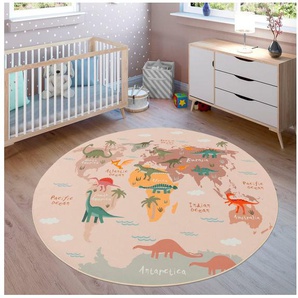 Kinderteppich Bino 583, Paco Home, rund, Höhe: 4 mm, Spielteppich, Motiv Weltkarte & Dinosaurier, Kinderzimmer