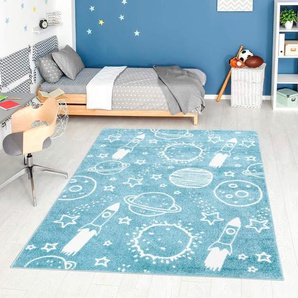 Kinderteppich CARPET CITY ANIME912 Teppiche Gr. B/L: 160 cm x 230 cm, 11 mm, 1 St., blau Kinder Kinderzimmerteppiche Kinderzimmer Teppich Modern mit Mond, Blumen, Wolken, Creme, Multi