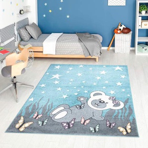 Kinderteppich CARPET CITY ANIME916 Teppiche Gr. B/L: 160 cm x 230 cm, 11 mm, 1 St., blau Kinder Kinderzimmerteppiche Kinderzimmer Teppich Modern mit Mond, Blumen, Wolken, Creme, Multi