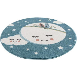 Kinderteppich CARPET CITY Anime9383 Teppiche Gr. Ø 160 cm, 11 mm, 1 St., blau Kinder Spielteppich Kinderzimmerteppiche Sternen-Teppich mit Mond, Weicher Flor, Pflegeleicht, Kinderzimmer
