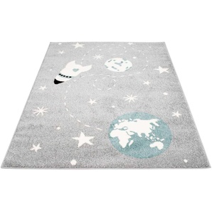 Kinderteppich CARPET CITY Bubble Kids 1319 Teppiche Gr. B/L: 140 cm x 200 cm, 11 mm, 1 St., grau Kinder Kinderzimmerteppiche Spielteppich, Weltall, Rakete, Weicher Flor, Pflegeleicht