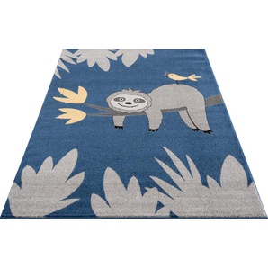 Kinderteppich LÜTTENHÜTT Faultier Teppiche Gr. B/L: 80 cm x 150 cm, 14 mm, 1 St., blau Kinder Kinderzimmerteppiche Kurzflor-Wende-Teppich, Tier, weiche Haptik