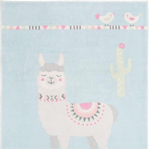 Kinderteppich LUXOR LIVING Lama Lulu Teppiche Gr. B/L: 80 cm x 150 cm, 12 mm, 1 St., blau Kinder Teppich Kinderzimmerteppiche Teppiche Lama-Motiv, Pastell-Farben, Kinderzimmer