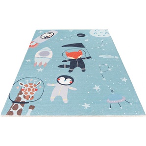Kinderteppich OBSESSION My Greta 600 Teppiche Gr. B/L: 115 cm x 170 cm, 6 mm, 1 St., blau (hellblau) Kinder Kinderzimmerteppiche Kurzflor, Motiv Tiere im Weltraum, mit Fransen, Kinderzimmer