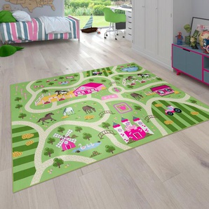 Kinderteppich PACO HOME Bino 560 Teppiche Gr. B/L: 200 cm x 290 cm, 4 mm, 1 St., grün Kinder Kinderzimmerteppiche Kurzflor, Straßen-Spiel-Teppich, Motiv Bauernhof, Kinderzimmer