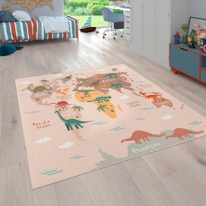 Kinderteppich PACO HOME Bino 583 Teppiche Gr. B/L: 200 cm x 290 cm, 4 mm, 1 St., beige Kinder Kinderzimmerteppiche Spielteppich, Motiv Weltkarte & Dinosaurier, Kinderzimmer