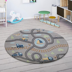 Kinderteppich PACO HOME Chicos 562 Teppiche Gr. Ø 150 cm, 4 mm, 1 St., grau Kinder Kinderzimmerteppiche Flachgewebe, Straßen-Spiel-Teppich, Kinderzimmer