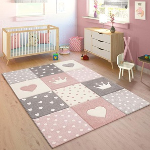 Kinderteppich PACO HOME Cosmo 339 Teppiche Gr. B/L: 200 cm x 290 cm, 16 mm, 1 St., pink Kinder Kinderzimmerteppiche Kurzflor, Pastell-Farben, 3D-Effekt, Motiv Herz, Punkte & Krone