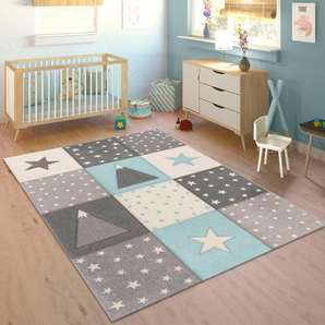 Kinderteppich PACO HOME Cosmo 340 Teppiche Gr. B/L: 140 cm x 200 cm, 17 mm, 1 St., blau Kinder Kinderzimmerteppiche Kurzflor, Pastell-Farben, 3D Effekt, Motiv Berge, Punkte & Sterne