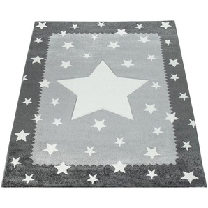 Kinderteppich PACO HOME Ela 398 Teppiche Gr. B/L: 120 cm x 170 cm, 17 mm, 1 St., grau Kinder Kurzflorteppich Spielteppich Teppich Webteppich Kinderzimmerteppiche Teppiche 3D-Design, Motiv Sterne, Pastell-Farben, mit Bordüre, Kinderzimmer