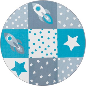 Kinderteppich PACO HOME Eliz 395 Teppiche Gr. Ø 160 cm, 12 mm, 1 St., blau Kinder Kinderzimmerteppiche Spielteppich, Patchwork-Muster, Motiv Rakete, Sterne & Punkte