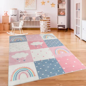 Kinderteppich PACO HOME Eliz 396 Teppiche Gr. B/L: 140 cm x 200 cm, 12 mm, 1 St., pink Kinder Kinderzimmerteppiche Spielteppich, Patchwork-Muster, Motiv Regenbogen, Wolke, Herz