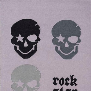 Kinderteppich ROCK STAR BABY RN2383-1 Teppiche Gr. B/L: 200 cm x 300 cm, 15 mm, 1 St., grau Kinder Kinderzimmerteppiche handgearbeiteter Konturenschnitt, 80% Wollanteil, Motiv Totenkopf