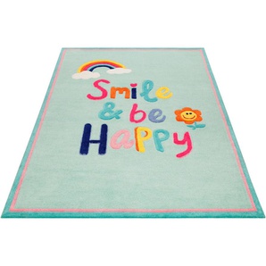 Kinderteppich SMART KIDS Happy me Teppiche Gr. B/L: 120 cm x 170 cm, 9 mm, 1 St., blau Kinder Kinderzimmerteppiche Regenbogen Blume, Konturenschnitt