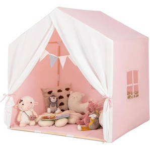 Kinderzelt mit Fenster & Matte & Holzrahmen, Kinder Spielhaus mit Vorhang & bunten Flaggen, Prinzessin Spielzelt für drinnen & draußen,