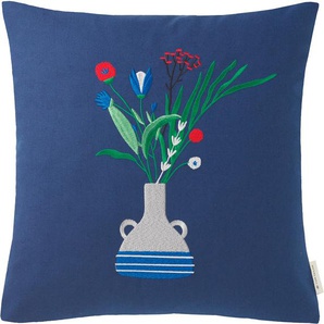 Kissenbezüge TOM TAILOR Vase Gr. B/L: 45 cm x 45 cm, 1 St., Polyester-Baumwolle, blau (navy, dunkelblau) Kissenbezüge gemustert mit aufwendiger Stickerei