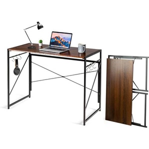 Klappbarer Schreibtisch, 100 x 50cm Klapptisch mit 6 Haken & Metallrahmen, platzsparender Computertisch 115 kg, Braun - Costway