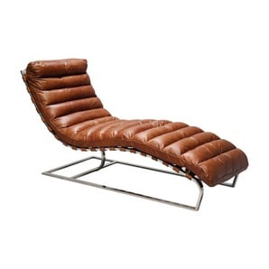 Klassisch-moderner Lounge Chair / Liegesessel, Vintage Design, Bezug Rindsleder, Gestell Edelstahl glänzend, Polsterung aus Schaumstoff, H 82 cm, B 59 cm, T 140 cm, in 4 verschiedenen Farben  braun
