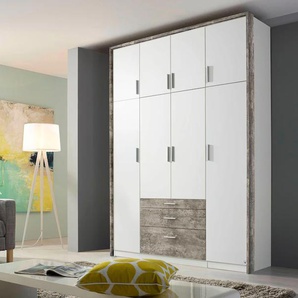 Kleiderschrank RAUCH Hildesheim Schränke Gr. B/H/T: 185 cm x 231 cm x 58 cm, 4 St., grau (weiß, beton) Drehtürenschrank Drehtürenschränke Schränke inkl. Passepartout und Schubkasten mit Inneneinteilung