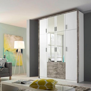 Kleiderschrank RAUCH Hildesheim Schränke Gr. B/H/T: 185 cm x 231 cm x 58 cm, 4 St., grau (weiß, betonfarben) Drehtürenschrank Kleiderschrank Drehtürenschränke Schränke inkl. Spiegel, Passepartout und Schubkasten mit Inneneinteilung