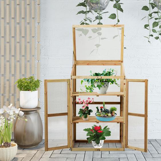 Kleines Kaltgewächshaus aus Holz 3-Ebenen Schutz für Blumenbeete im Garten 60 x 45 x 100 cm