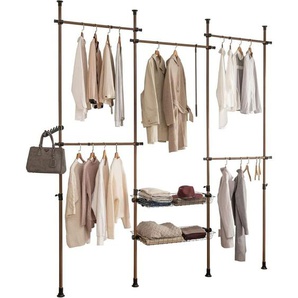 KLS04-BR Teleskopstange Kleiderständer mit 5 Kleiderstangen und 2 Körben Teleskop Garderoben System Verstellbares Regalsystem wandmontage natur b