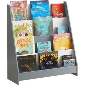 KMB32-HG Kinder Bücherregal Kinderregal Zeitungsständer mit 4 Ablagefächern Aufbewahrungsregal für Kinder Büchergestell Hängefächerregal Grau bht