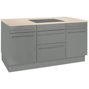 Kochinsel OPTIFIT Bern Komplettküchen-Sets Gr. B/T: 160 cm x 95 cm, grau (küche: basaltgrau, akaziefarben) Küchenzeilen mit Elektrogeräte E-Geräten, Stellbreite 160 x 95 cm, höhenverstellbare Stellfüße