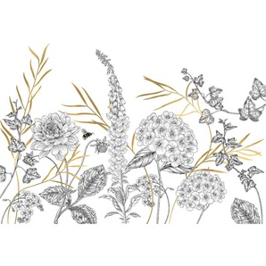 KOMAR Fototapete Bumble Bee Tapeten Gr. B/L: 4 m x 2,8 m, Rollen: 1 St., schwarz-weiß (gold, schwarz, weiß) Fototapeten Blumen Tapeten