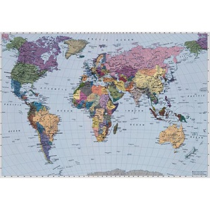 Komar Fototapete World Map, Mehrfarbig, Hellblau, Papier, Weltkarte, 270x188 cm, Fsc, Made in Germany, Tapeten Shop, Fototapeten